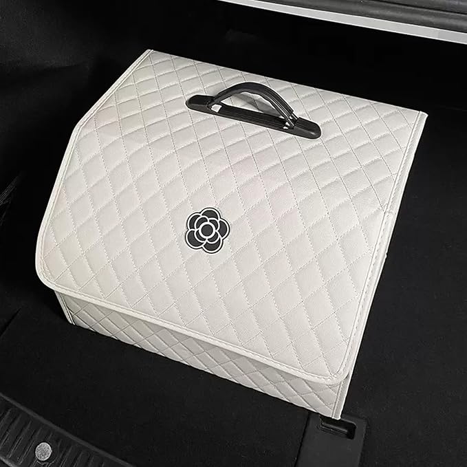 Tissting Car Storage Box PU Leather Trunk Suv Organizer with Lid, 33x31x29cm White Garage Cargo Organizer for Camping Picnic Shopping
