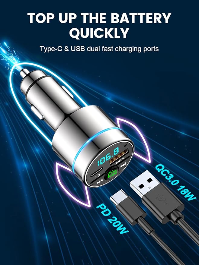RIWUSI FM Transmitter for Car Bluetooth 5.3, [All-Metal] PD 30W & QC3.0 18W Fast Car Charger, Wireless FM Radio Kit Bluetooth Car Adapter, Noise Cancelling Hands-Free Call, Blue Light - Silver