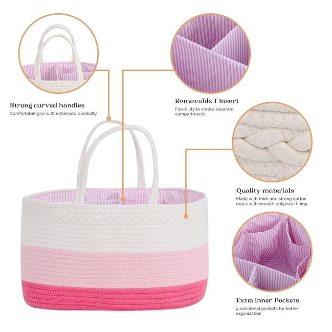 luxury little Diaper Caddy Organizer, Large Cotton Rope Nursery Baby Basket, Changing Table Organizer for Baby Diaper Storage, Portable Car Organizer Removable Divider (Pink, Extra Large)