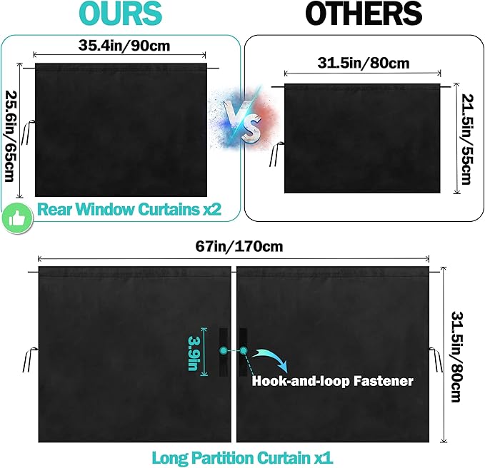 VANPET 99% Light Blocking Car Curtains, 1 Rear Seat Divider Curtain & 2 Rear Side Window Curtains, Car Curtains for Windows, Wide Sedan SUV Sunshade Covers Car Cabana(Extra Large Car Curtains 3 Pcs)