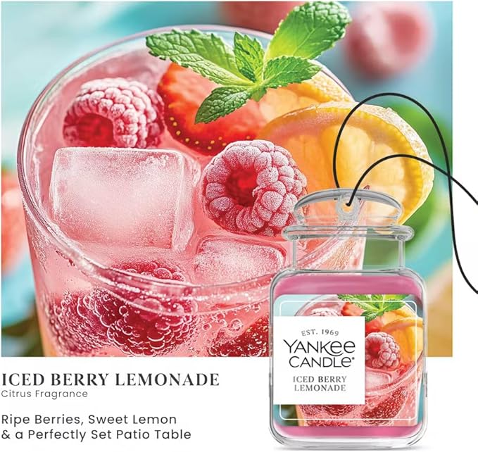 Yankee Candle Paper Car Jar, Iced Berry Lemonade, Hanging Automotive Air Freshener for Odor Neutralizing and Long Lasting Car Fragrance, Refreshing Summer Scent, 1 Count (Pack of 10)