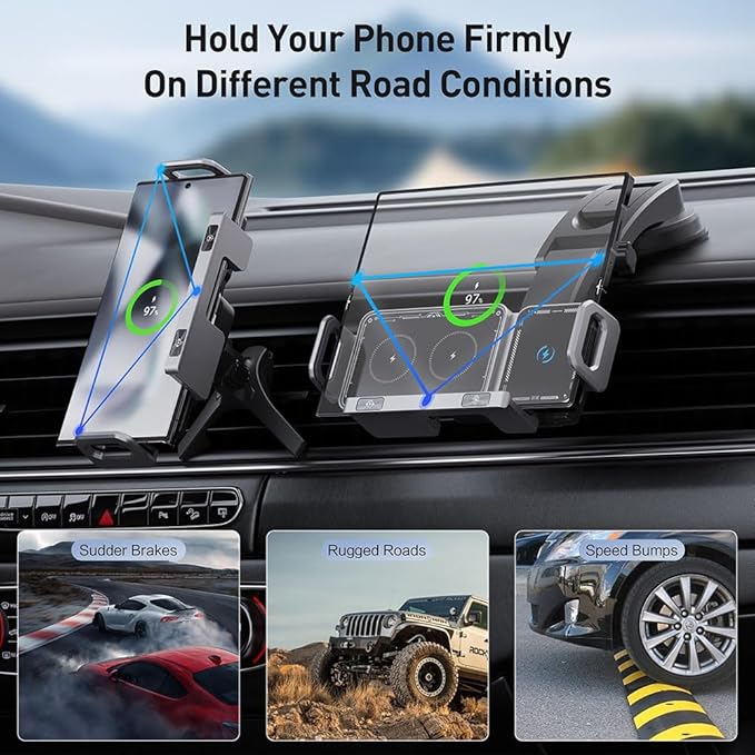 Famous Tech Shop Wireless Car Charger Mount, Car Phone Holder Charger with 15W Fast Charging, Auto Rotation & Dual Mount