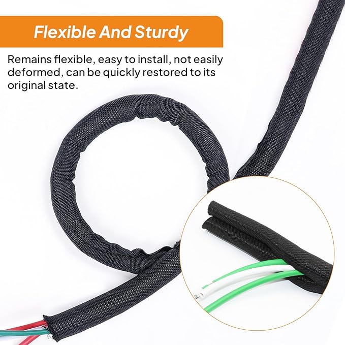 Self-Closing Split Braided Cable Organizer,Curly Cord Protector for Car High Temp Harness Sleeve/Computer Desk Audio Wire Covers (Black 5/16"-22ft)