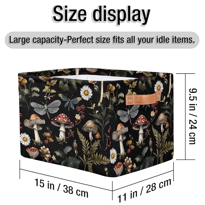 Mushrooms Daisies Storage Baskets for Organizing, Fabric Collapsible Storage Bins Box Forest Plants Decorative Toy Organizer Baskets for Closet Shelves Gift Basket 1 Pc