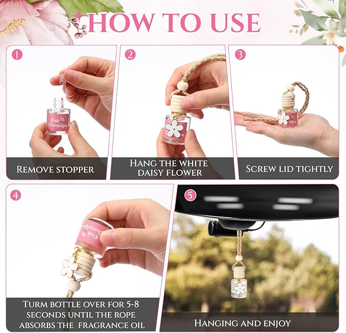 Siifert 2 Sets Hanging Car Air Freshener and Essential Oil Diffuser, Car Air Freshener Daisy Essential Oil Diffuser Long Lasting Automobile Aromatherapy(White,Pink Champagne)