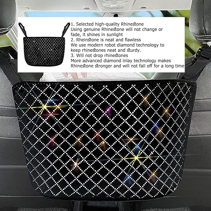 zipelo Bling Car Net Pocket Handbag Holder, Rhinestone Vehicle Backseat Purse Organizer Between Seats, Diamond Hanging Storage Bag Barrier of Pet Kids, Universal Automotive Accessories (Black)