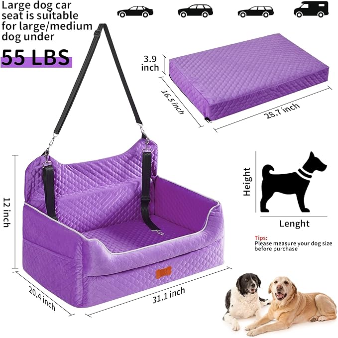 Dog Car Seat for Large/Medium Dogs - Memory Foam Dog Booster Seat for Under 55Lbs or 2 Small Dogs-Detachable and Washable Travel Bed with Thick Cushion and Storage Pockets-Purple
