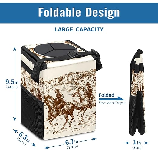 Wild Western Cowboy Car Trash Can with Lid Collapsible Reusable Waterproof Car Garage Bag,Automotive Garbage Can,Car Accessories Interior Car Organizer