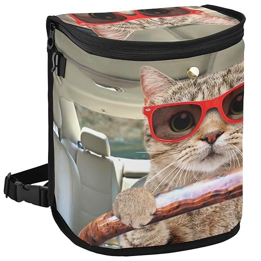 Fun Cute Cat Driving Car Trash Can Car Garbage Bag with Lid Hanging Waterproof Leak Proof Vehicle Storage Bin