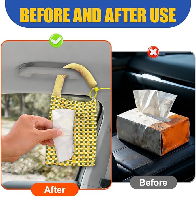 Car Tissue Holder, Checkered Pattern Car Backseat Napkin Holder, Rectangular Canvas Hanging Auto Tissues Box, Universal Vehicle Storage Organizer Accessory for Phone, Small Items (Green)
