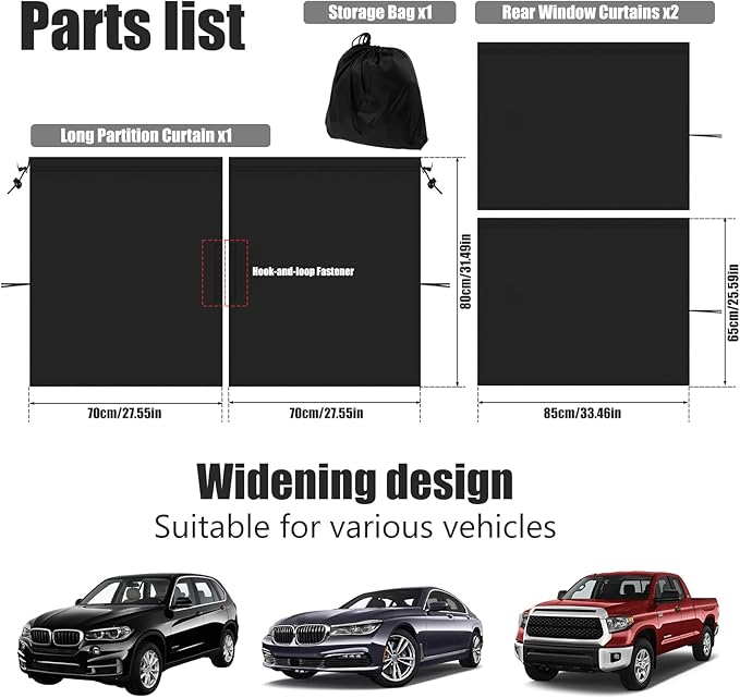Car Privacy Curtains for Windows - 3Pcs Blackout Car Divider Curtain and Side Window Shades, Light Blocking Rear Seat Cover for Camping Sleeping Nap, Universal Fit Sedan SUV Truck