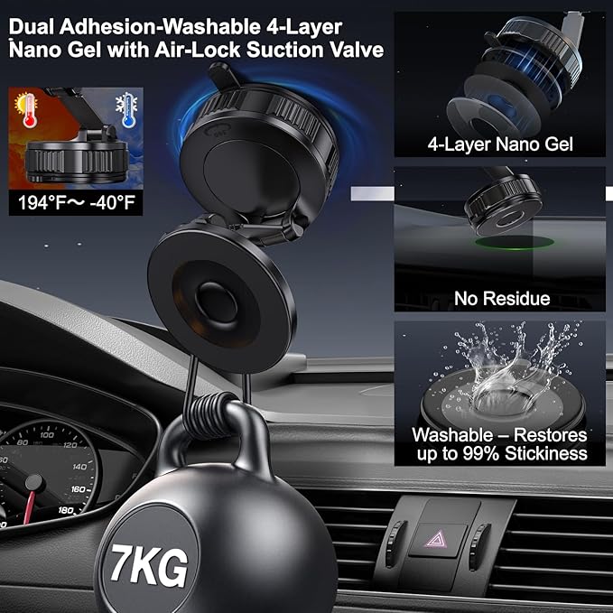 Jikasho Vacuum Magnetic Car Phone Holder for Magsafe, Hands-Free 360° Adjustable Suction Cup Phone Mount for Car/Gym/Mirror/Smooth Surface, Compatible with iPhone & Android (Black-360° Rotating Base)