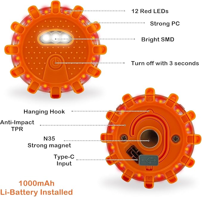Ecoangel USB-C Rechargeable LED Road Flares Emergency Lights-Large Capacity (Lithium Battery) 3 in 1 Cable Roadside Warning Car Safety Beacon Flashing Disc Flare Kit with Magnetic Base for Vehicles