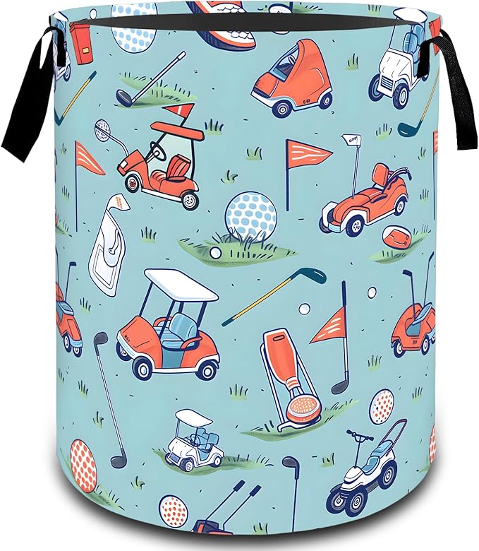 Vintage Golf Cart and Ball Laundry Basket, Dirty Collapsible Clothes Toy Organizer Hamper for Kids Adults, Oxford Cloth Waterproof Storage Bin for Bedroom Bathroom Home Decor Gifts, 19.7"X15.7"