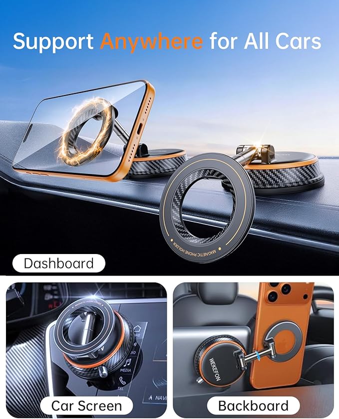 Upgraded Car Phone holder for Magsafe [120LBS Suction Cup & 3000gf Magnet ] 1100° Adjustable Vacuum Magnetic Phone Holders for Your Car, Dashboard Car Mount Bracket for iPhone & Android, Carbon Fiber