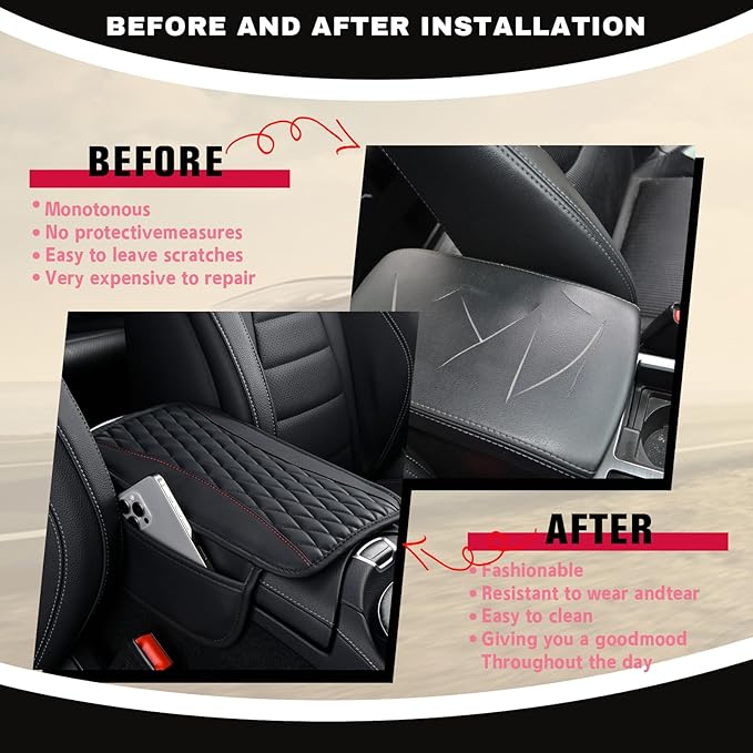 Leather Car Center Console Cover with Side Pockets, Upgraded Arm Rest Cover for Car Seat Organizer, Middle Console Cover Stylish Car Decoration, Universal for Most Vehicles (Black)