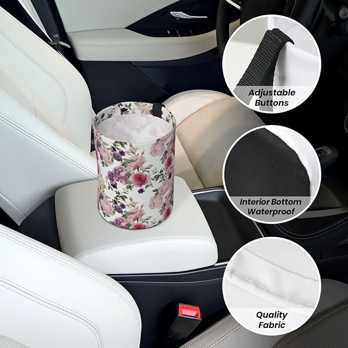 Car Trash Can Rose Pattern Multipurpose Collapsible Leakproof Trash Bin Car Accessories for Car Automotive Truck SUV