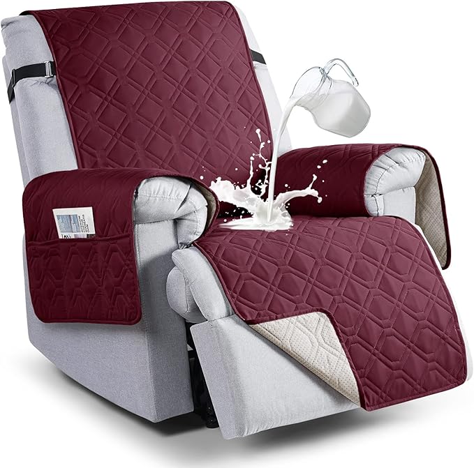 VANSOFY 100% Waterproof Recliner Chair Covers, Recliner Cover Non-Slip Dog Chair Cover Furniture Protector Washable Slipcover with Pocket, Elastic Straps for Pets, Dogs(Burgundy, 22")