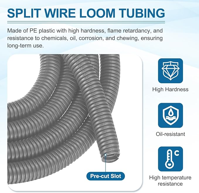 MECCANIXITY 1 1/4 Inch 10ft Split Wire Loom Tubing, Flexible Cord Protectors with Installation Tool Cable Management Sleeve Conduits Cover for Office Home Electrical Automotive Wires, Gray
