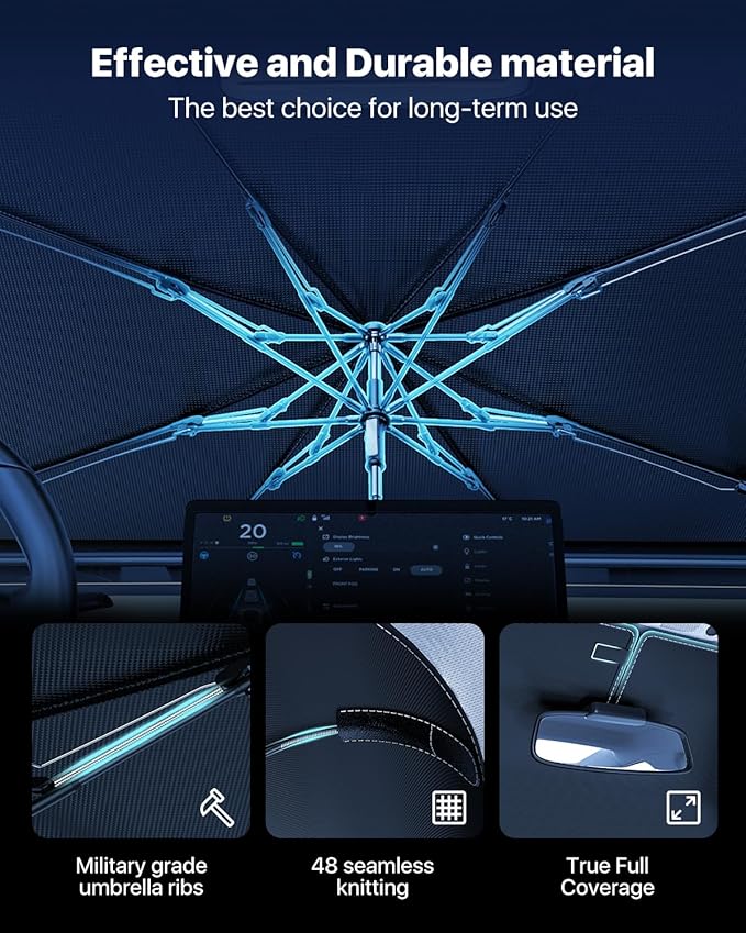 Nmoiss Windshield Sun Shade Umbrella – Custom-Fit for Model 3 (2017–2025), Vinyl Coating Heat Shield, 99% UV Blocking, Protects Touchscreen & Interior, Ice Crystal Cooling Material