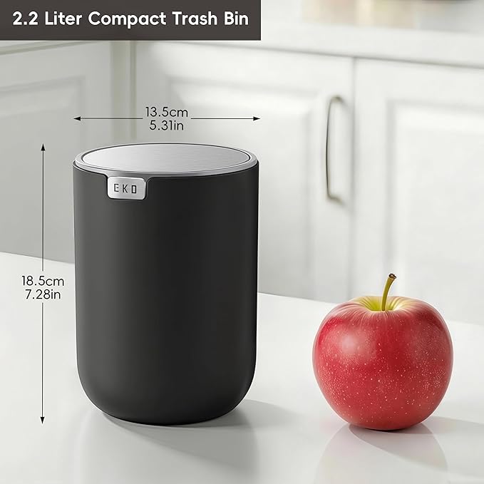 EKO Fandy 0.58 Gal/2.2L Mini Trash Can with Lid, Swing-Top Desktop Trash Can for Bathroom, Countertop, Vanity, Desk or Office, Small Garbage Bin (Black)