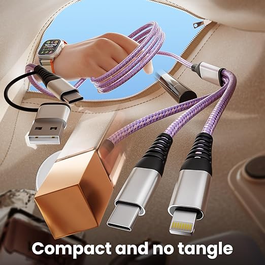 Travel Essentials, 3 in 2 USB A/C Cable to iPhone 17 Charger/iWatch Charger/IP, Braided Multi Charging Cable Cord, RV Camping Essentials, Designed for iWatch Series & iPhone17-11/iPad [Purple, 5FT]
