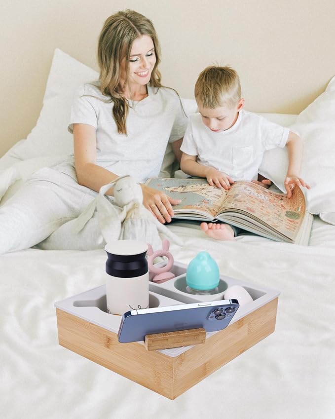 Couch Cup Holder Tray, Handy Silicone Bamboo Couch Caddy with Rotatable Phone Holder for Bed Car Seat Organizer, Waterproof Anti-Spill Sofa Cup Holder for Snacks Beverage Remote (White)
