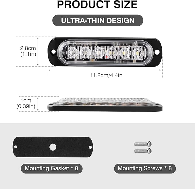 SEISSO 8-Pack 6 LED Sync Feature Strobe Lights Vehicles Trucks Emergency Strobe Lights Kit 12V -24V Warning Hazard Flash Lights Bar Grill Grille Surface Mount Super Bright Waterproof (Amber/White)