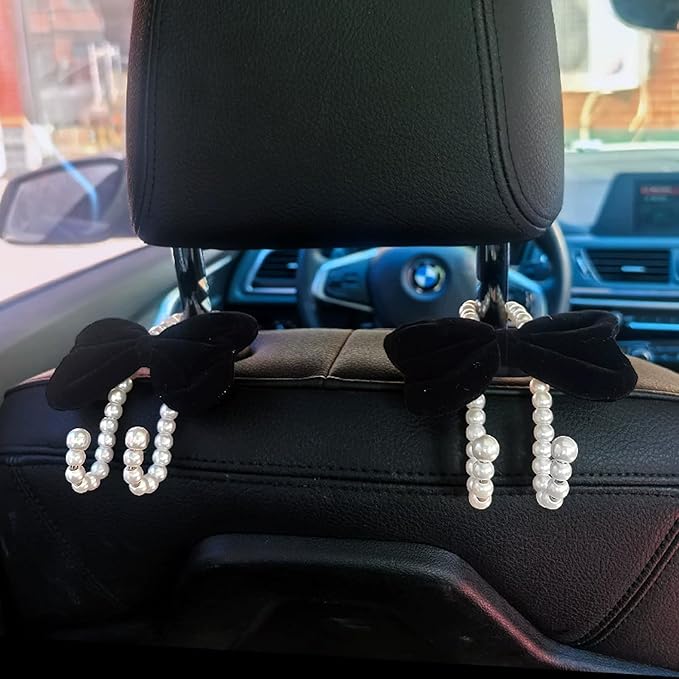 2 PCS Elegant Pearl Car Seat Headrest Hook, Cute Car Seat Hook Hanger Storage Organizer for Handbag Purse, Interior Decoration Headrest Hanger for Women (2PCS Black Bow)