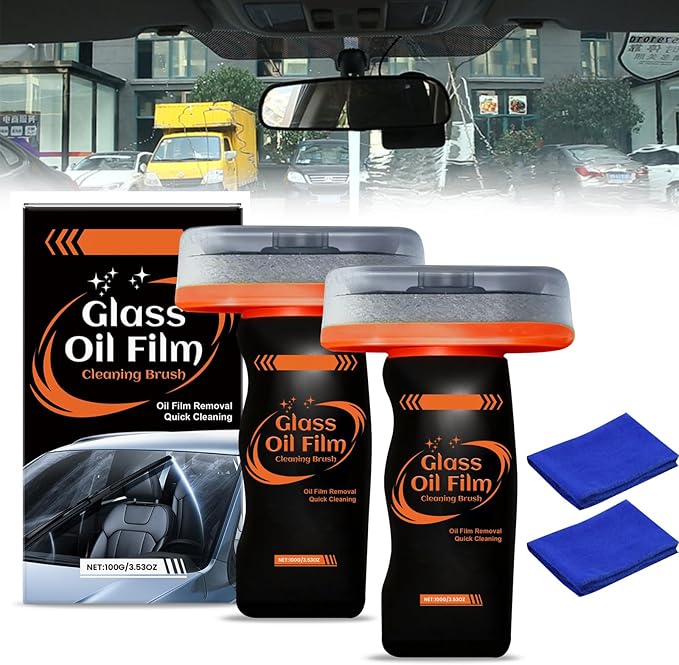 2PCS Glass Oil Film Remover for Car,100ml Roll-On Glass Compound with Cleaning Board, Removes Oil Film & Smudges,Automotive Oil Film Cleaning Brush for Car Windows