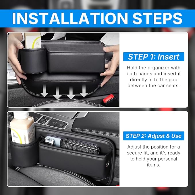Car Seat Gap Filler Organizer 2-Pack, Premium Leather Storage Box with Cup Holders & Card Slots - Universal Fit for Car SUV Truck, Keep Phone, Keys, Sunglasses Secure (Black, Left + Right Side)