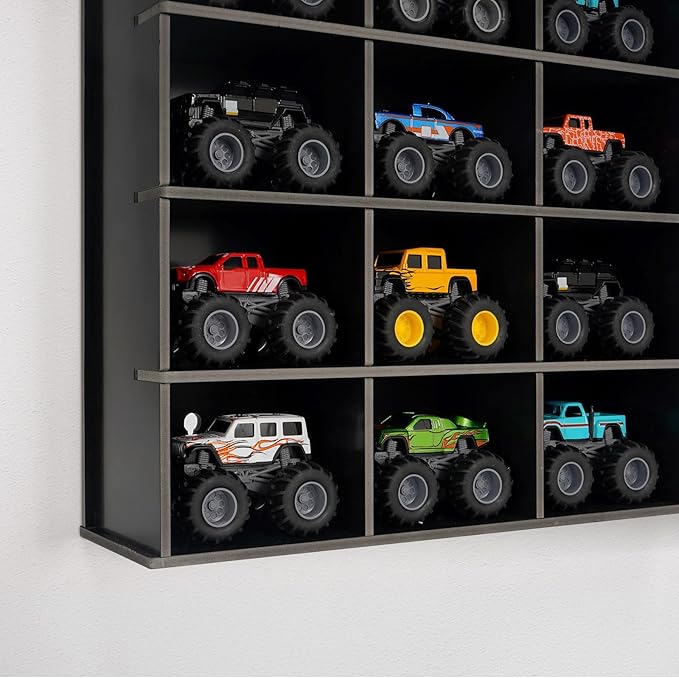 Trucks Display Shelf, 15 Slot Toy Cars Display Case, Wall Mounted Toy Truck Storage Organizer Holder, Black