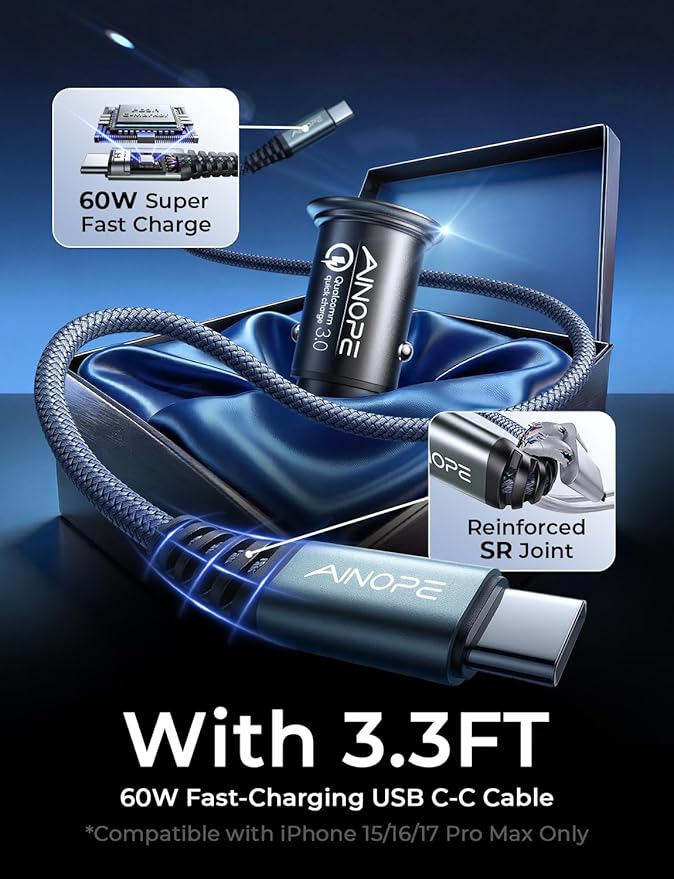 AINOPE 67.5W Car Charger USB C Fast Charge for iPhone 17 Pro Max, PD 45W USB C Car Charger Fast Charging【Mini &Metal】Cigarette Lighter Adapter USB-C Charger for Samsung Galaxy S26 S25 for iPhone16 15
