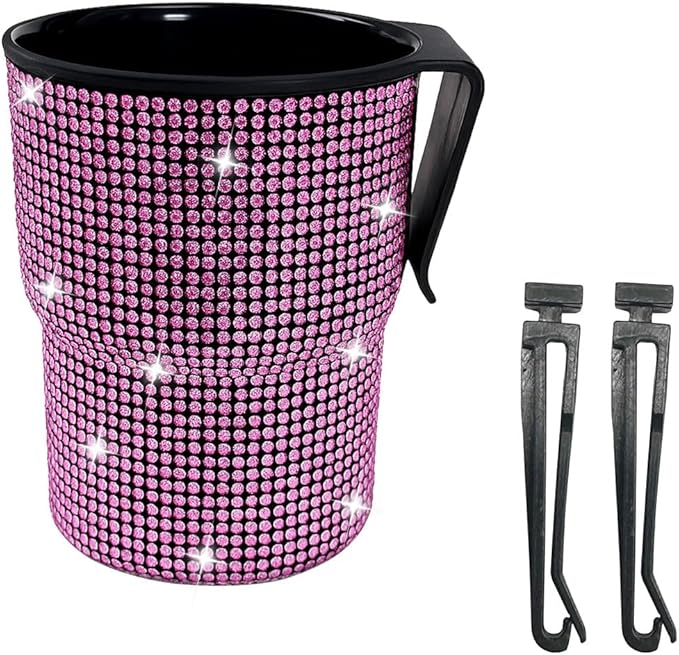 Bling Rhinestones Car Air Vent Trash Can, Hanging Automotive Cup Holder with 2 Hooks, Multi-Function Vehicle Door Organizer Accessories for Key, Pen, Water Bottles, Cellphone(Pink)