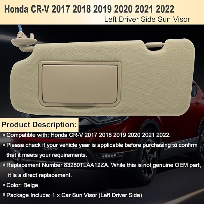 NHILES Driver Left Side Sun Visor Compatible with Honda CRV 2017 2018 2019 2020 2021 2022 Sunshade Number 83280TLAA12ZA Color: Beige
