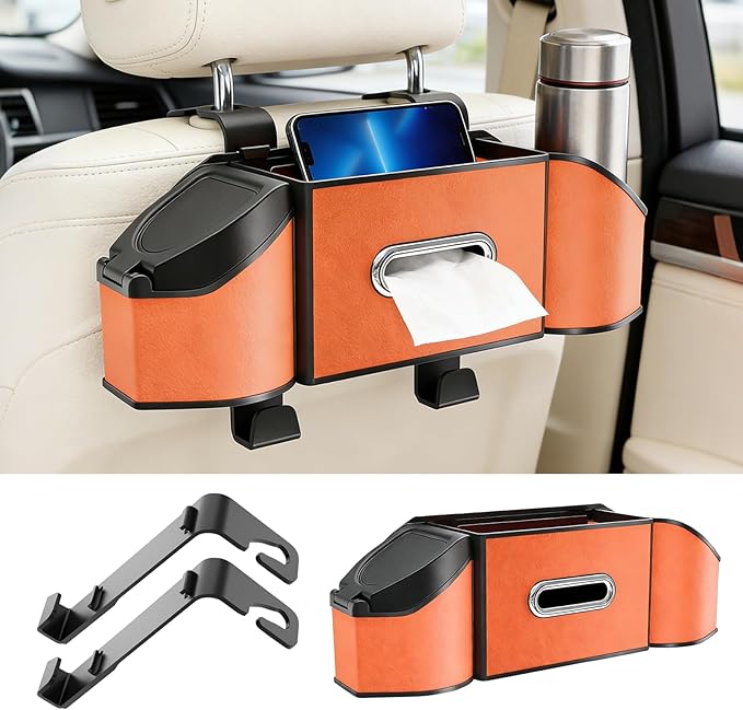 7-in-1 Multifunctional Car Seat Back Organizer, Car Back Seat Storage Box Trash Can & Cup Holder with Tissue Box, Hooks, Universal Fit for Most Cars, SUVs, Trucks (Orange)
