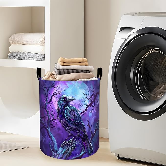 Gothic Crow with Glowing Moonlight Laundry Basket with Handles, 19.7"x15.7" Clothes Foldable Laundry Hamper Organizer for Dorm Nursery Bedroom Bathroom Decor, Toy Storage Bin for Kids