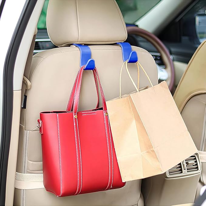 Osilly Car Seat Headrest Hook, 4 Pack Auto Seat Hanger Storage Organizer for Purse Handbag Coats Grocery Bags, Automotive Interior Accessories, Universal Vehicle Backseat Hanging Hook (Blue)
