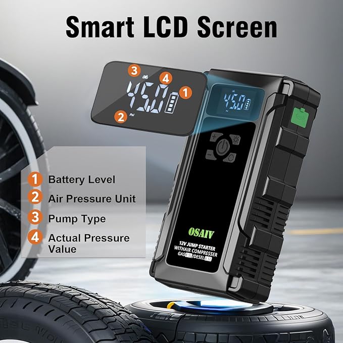 Jump Starter with Air Compressor, 3000A Car Battery Jump Box for 8.5 Gas/6.5L Diesel Vehicles, 150PSI Tire Inflator Auto-Shutoff, 10 Safety Modes, 3-Mode Emergency Light
