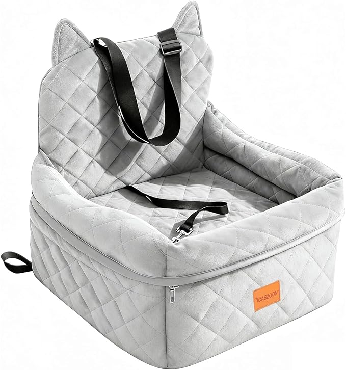 Dog Car Seat for Small/Medium Dogs Up to 35lbs,Elevated Cushion Fits in Front/Back Seat,Travel Safety Per Car Bed with Washable Removable Cover, Storage 2 Pockets Grey