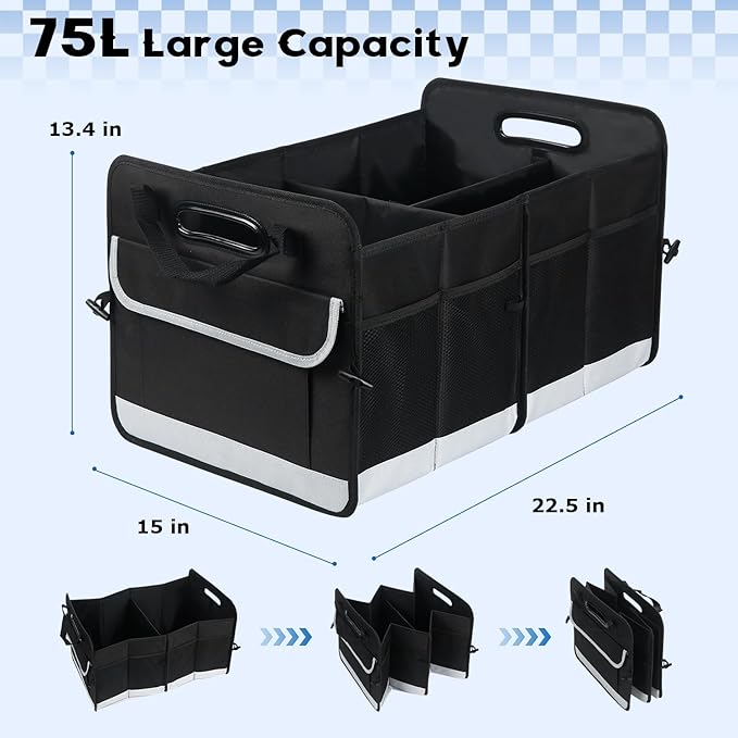 Car Trunk Organizer, 72L Large Capacity Waterproof Auto Storage with Non-Slip Bottom Strips, Collapsible Cargo Organizer for Suv, Truck, Sedan, Portable Car Accessories for Women Men