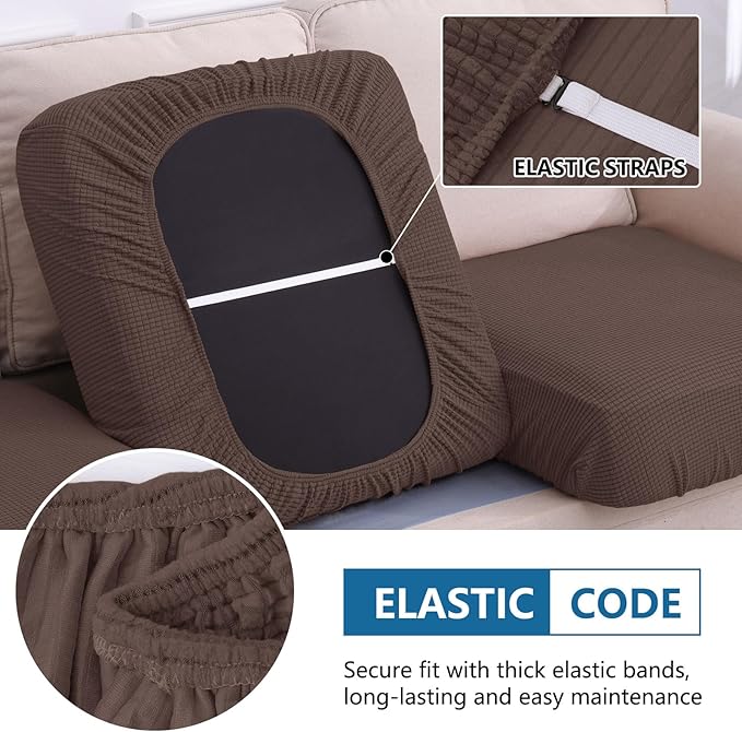 hyha Waterproof Couch Cushion Covers for Pets, Non Slip Sofa Seat Cover for Dogs Washable, Soft Thick Stretch Jacquard Fabric, Sofa Slipcovers with Elastic Bottom (1 Piece for Large, Brown)