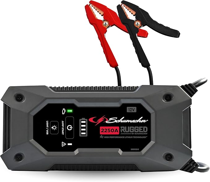 Schumacher Electric 2250A Rugged Lithium Car Battery Jump Starter and Portable Power Pack/Jump Box, 3-in-1 Solution, 2.4A USB Charging, for 12V Power Sport, Automotive, and Marine Batteries, SL1654