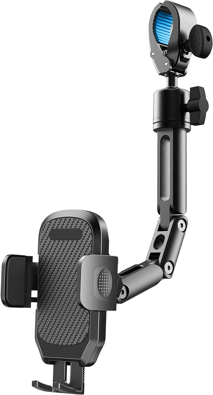 Quyee Phone Holder Car, Rear View Mirror Phone Holder - Aluminum Alloy Mount Multi-Angle Adjustment Rotatable and Retractable Compatible with All 4-7 Inch iPhone and Android Cell Phones