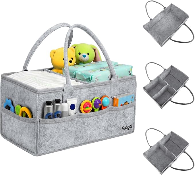 Feagar Baby Diaper Caddy Organizer, 15 Inch Large with 8 Pockets & 2 Dividers, Portable Nursery Storage Basket & Car Organizer for Changing Table, Travel (Grey)