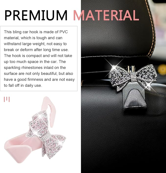 2 PCS Bling Bow Car Seat Headrest Hooks, S Type Crystal Seat Back Hangers, Universal Vehicle Storage Organizer for Handbag, Purse, Coat, Grocery Bags (Pink)