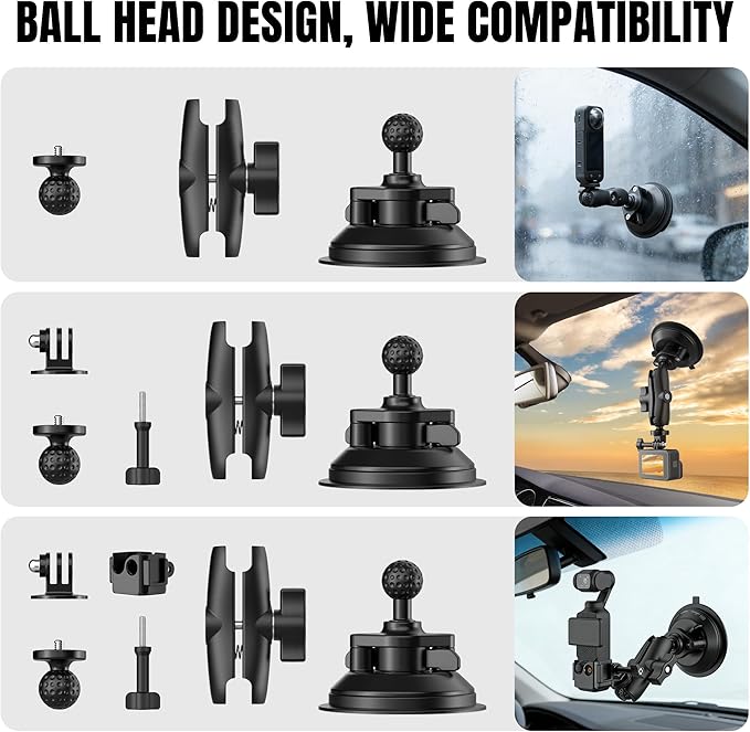 Suction Cup Mount for DJI Osmo Pocket 3, Heavy-Duty Car Windshield Window Dashboard Holder for Insta360 X5 X4 X3 with Expansion Adapter for GoPro 13/12/11/10/9/8/7