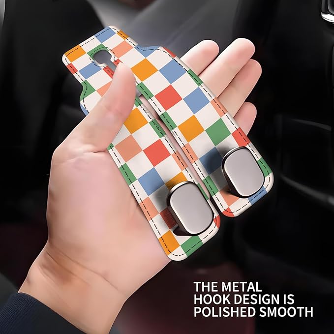 Car Seat Headrest Hook, Universal Leather Cute Hanger Holder Hook, Storage Organizer Interior Accessories for Purse Bags Handbag Colorful Cute Plaid