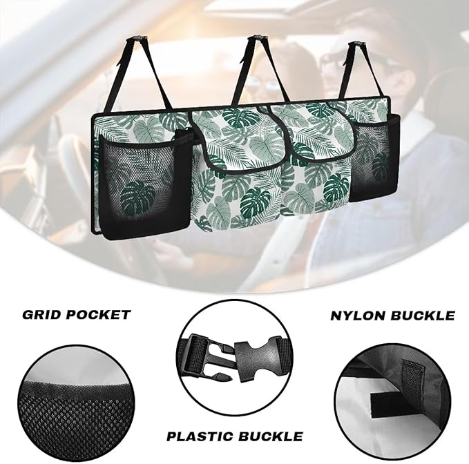 Tropical Leaves Car Backseat Organizer Adjustable & Waterproof Cars Interior Accessories Backseat Hanging Storage Bag with 4 Pockets Universal Fit for Most Cars,SUV,Sedan