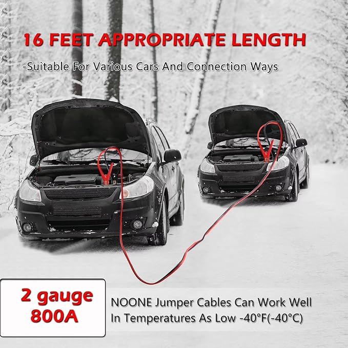 NOONE Jumper Cables for Car Battery - 2 Gauge 16 FT 800Amp Heavy Duty Automotive Booster Jumper Cables for Jump Starting Dead or Weak Batteries (2AWG x 16Ft)